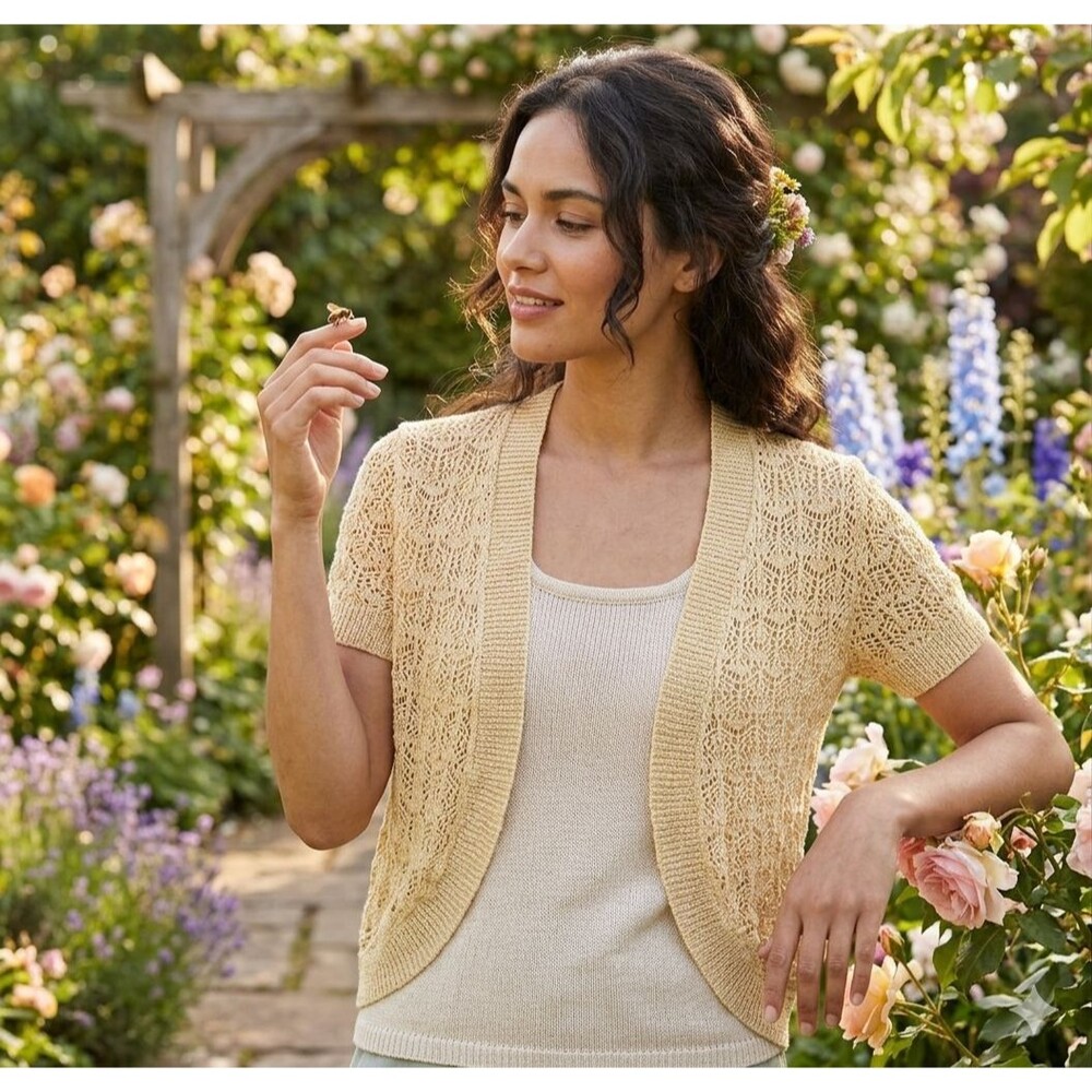 Women Boho Crochet Knit Cardigan Shrug Open Front Short Sleeve Beige Size S